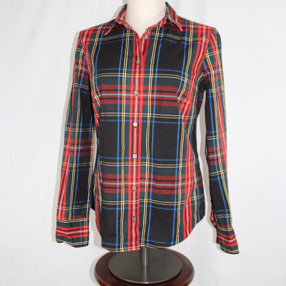 J. CREW  Women's Black Tartan Plaid Cotton Button Down Top Sz 4 Slim